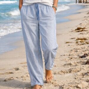 Talbots Blue White Striped Linen Blend Wide Leg Drawstring Pants Large Coastal